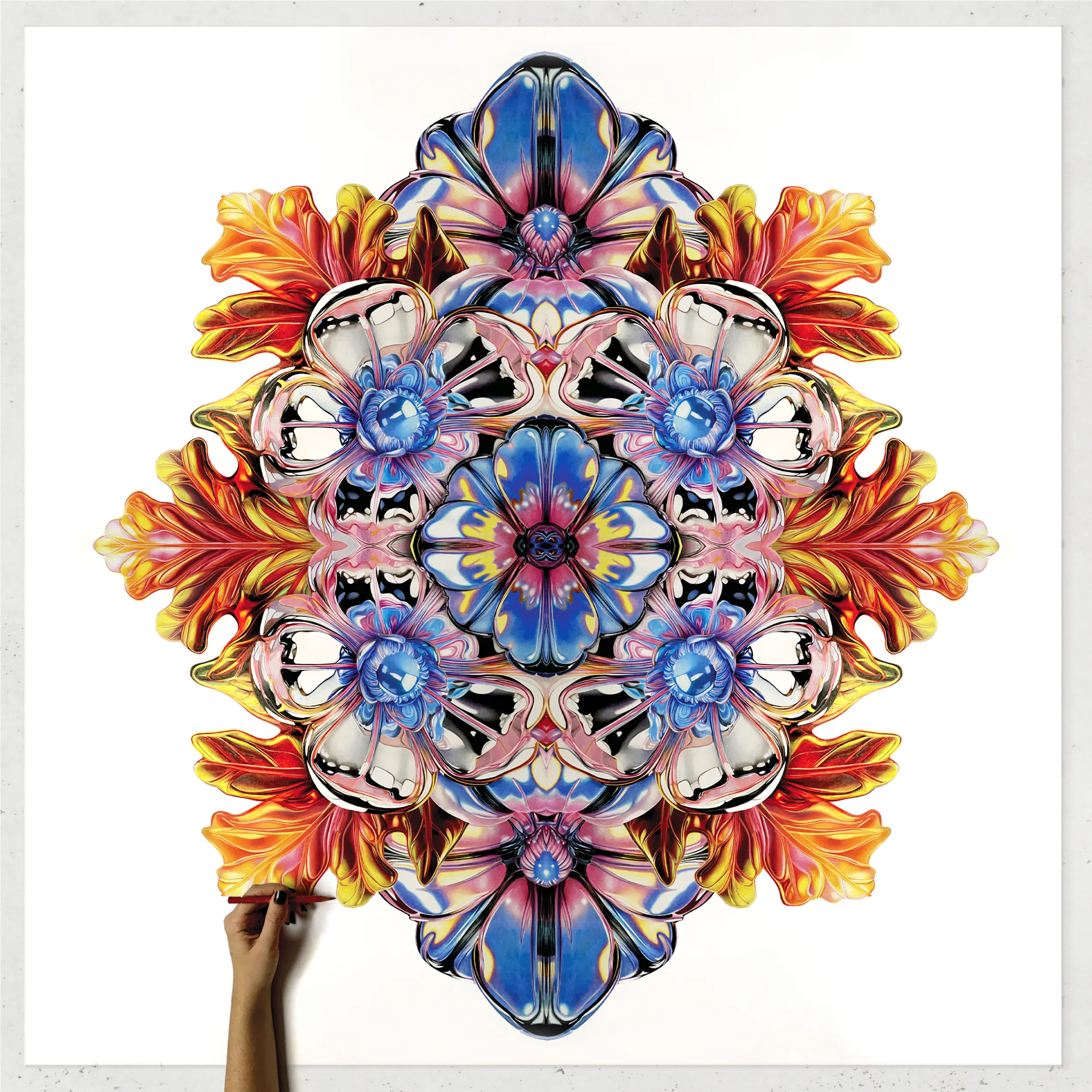 Dessins originaux de fleurs par Lupiko, artiste à Paris. image d'une oeuvre d'art réalisée au crayons de couleurs sur papier d'un kaleidoscope de fleurs. la main indique la techniques : le crayon de couleur ainsi que l'echelle du dessin.