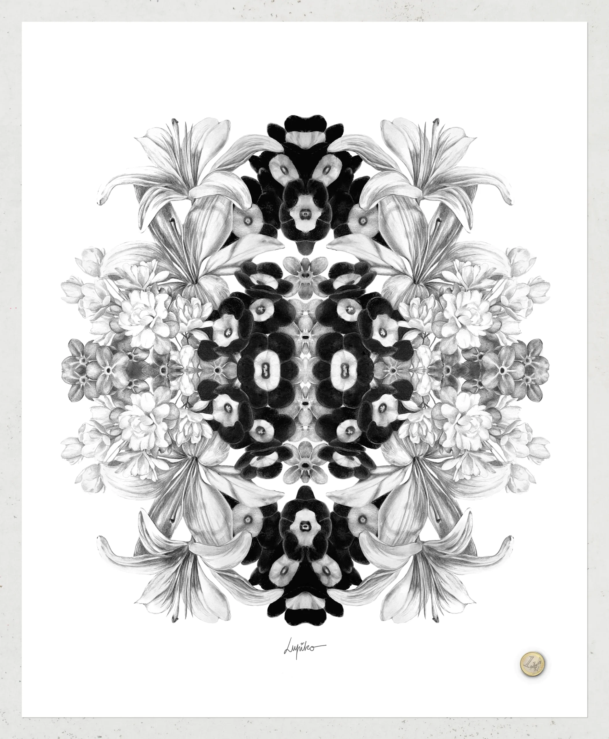 kaleidoscope lys et mysotis noir et blanc Lupiko